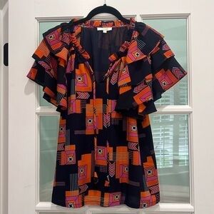 Jade Women’s Ruffle Sleeve Geometric Print Top | Small